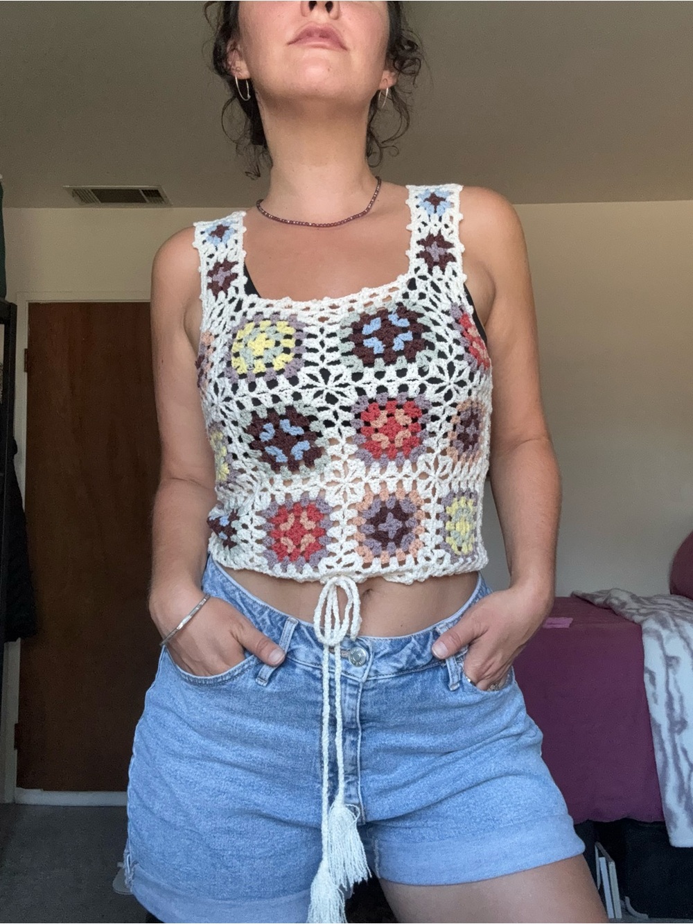POL Crochet Floral Square Tank Top in Cream with Red, Yellow, Blue Accents